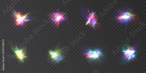 Rainbow light rays, lens flare, reflection effect from crystal, glass or gem. Vector realistic illustration set of light leak effect with spectrum glare, prism refraction, lens flare	