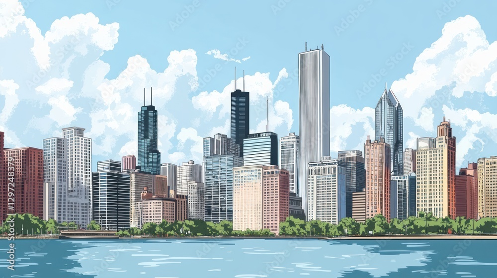 City Skyline, Sunny Day, Chicago, Lakeside View, Illustration