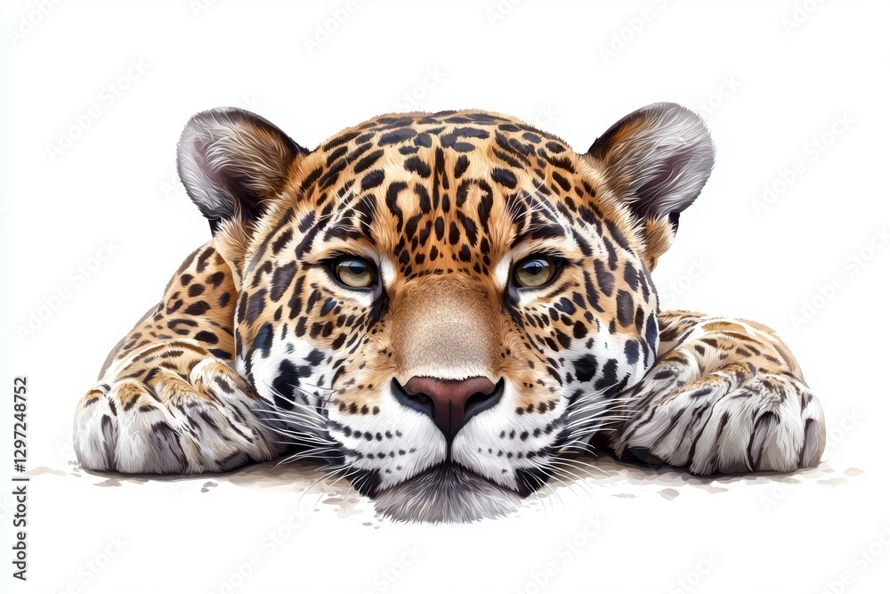 Fototapeta premium Jaguar is laying down on a white background