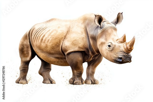 Rhino is standing in the sand with its head up