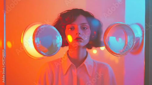 Surreal portrait with distorted reflections and vibrant colors for creative design