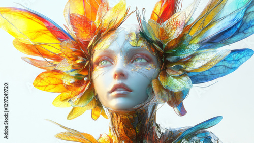 Futuristic Metallic Portrait of a Woman with a Vibrant Multicolored Flower