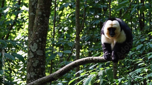 White-faced Saki Monkey Standing Still in Dense Rainforest, Fixed Camera Wildlife Footage, Tropical Animal Habitat, Primate Close-up, Nature Documentary Scene, Exotic Amazon Species, Jungle Background
