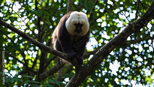 White-faced Saki Monkey Standing Still in Dense Rainforest, Fixed Camera Wildlife Footage, Tropical Animal Habitat, Primate Close-up, Nature Documentary Scene, Exotic Amazon Species, Jungle Background