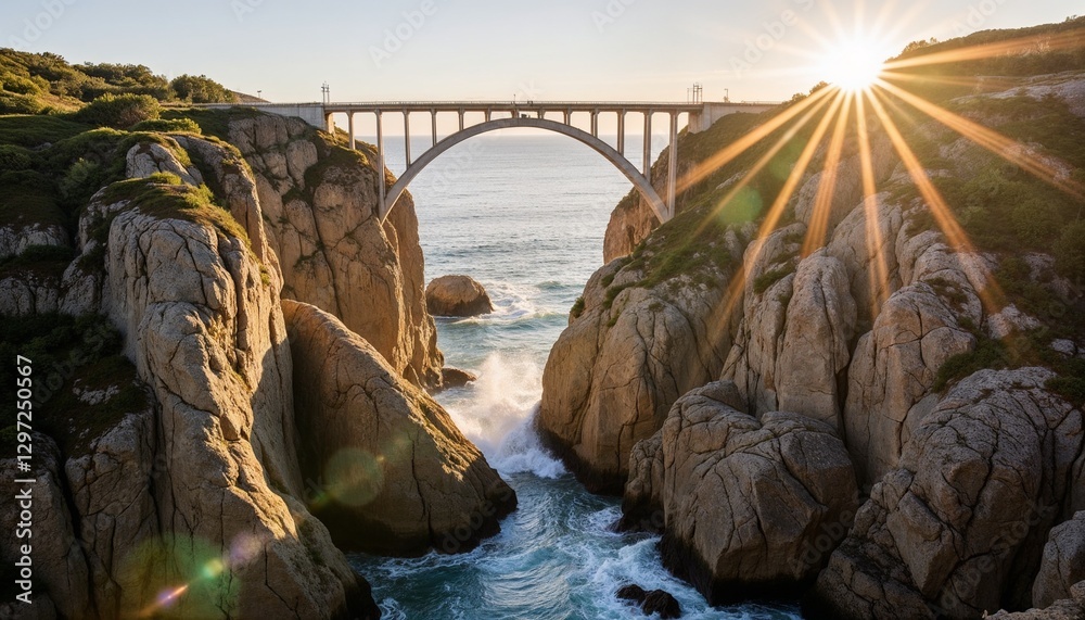 Fototapeta premium Majestic bridge spanning over a deep canyon with ocean view and sunset light creating dramatic landscape.