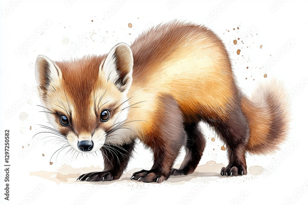Cute little fox is standing on the ground, looking up at the camera Cute little fox is standing on the ground, looking up at the camera