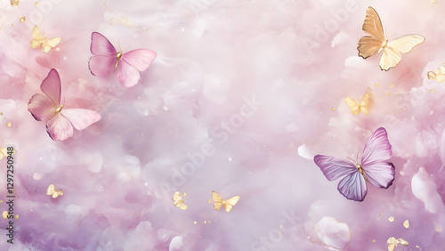 : A dreamy and elegant background featuring soft pastel pink and purple hues with delicate golden butterflies gently floating. perfect for greeting cards, luxury branding, and beauty concepts