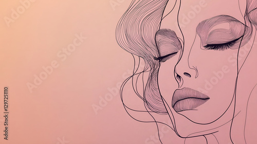 A sophisticated one-line drawing of a woman’s face in black ink on a soft pastel pink background. Elegant, modern, and artistic with golden highlights