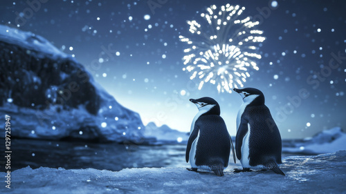 Penguins Watching Fireworks on a Snowy Winter Night