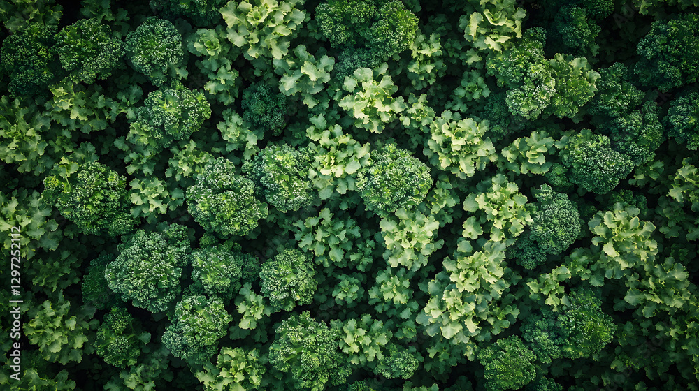 Aerial view of vibrant green broccoli florets and curly kale leaves arranged in an organic, seamless pattern Aerial view of vibrant green broccoli florets and curly kale leaves arranged in an organic, seamless pattern