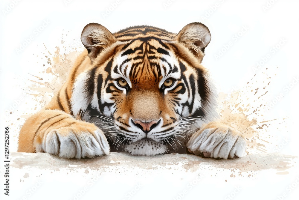 Obraz premium Tiger is laying down on a white background