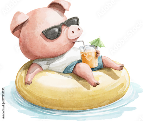 Watercolor vector little pig piglet character animal in clothes and sunglasses floats in water on inflatable ring