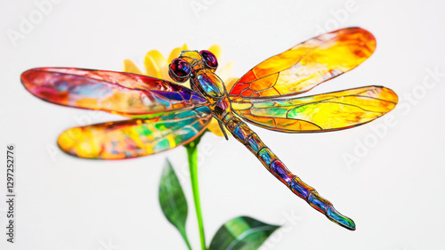 Vibrant stained-glass dragonfly sculpture with intricate colorful wings on a delicate green stem