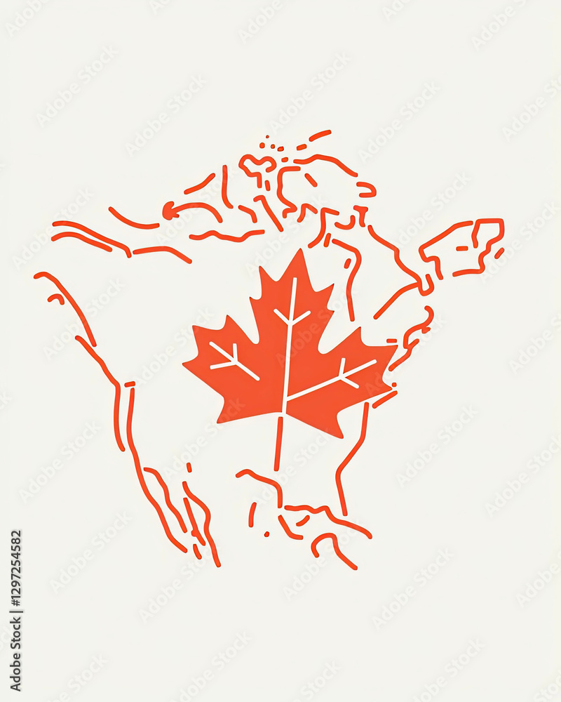 Line Art Representation of Canadas Map With a Central Red Maple Leaf Symbolizing National Identity Line Art Representation of Canadas Map With a Central Red Maple Leaf Symbolizing National Identity