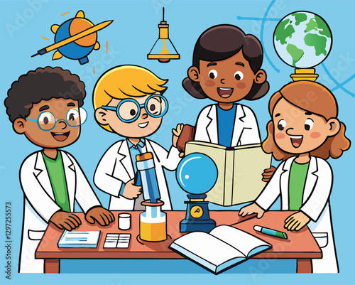 A group of diverse students collaborating on a science project in a modern classroom