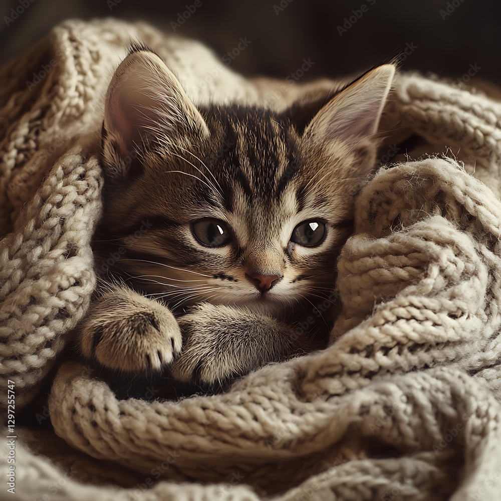Fluffy Kitten Cuddling Blanket Cozy Environment DSLR Shot Fluffy Kitten Cuddling Blanket Cozy Environment DSLR Shot