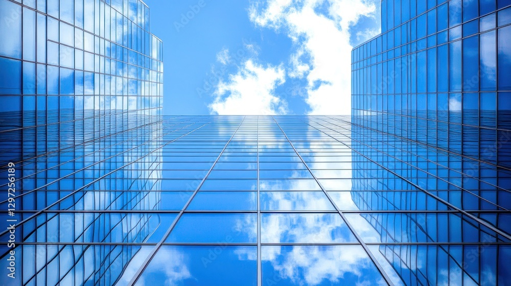 Modern glass skyscraper facades reflect blue sky and clouds Modern glass skyscraper facades reflect blue sky and clouds