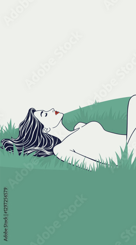Minimalist outline of a woman lying on the grass relaxed and peaceful scene.