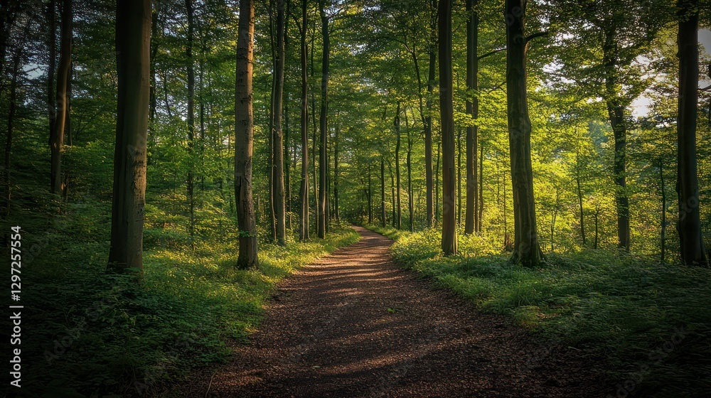 Fototapeta premium A sunlit path winds through a beautiful green forest setting