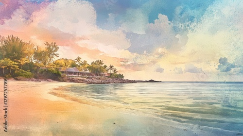 A beautiful watercolor beach landscape with a house and palm trees