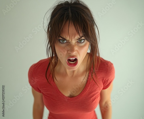 An angry woman stares directly at the camera with an intense expression. Her furrowed brows and tense posture convey frustration, determination, or defiance.