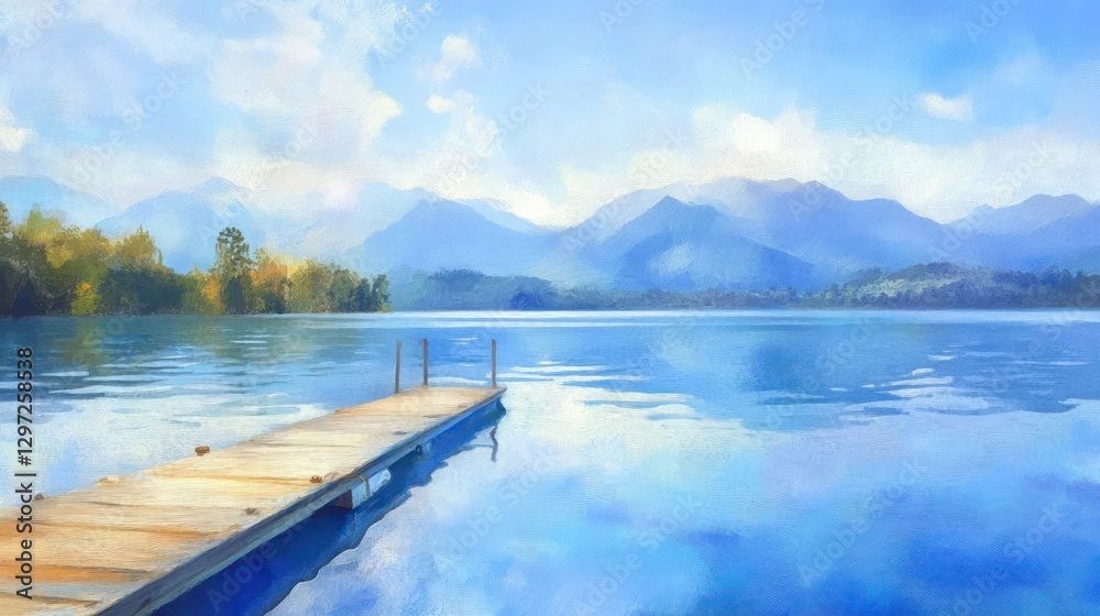 Obraz premium Tranquil lakeside landscape featuring mountains and a wooden dock