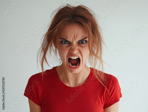 An angry woman stares directly at the camera with an intense expression. Her furrowed brows and tense posture convey frustration, determination, or defiance.