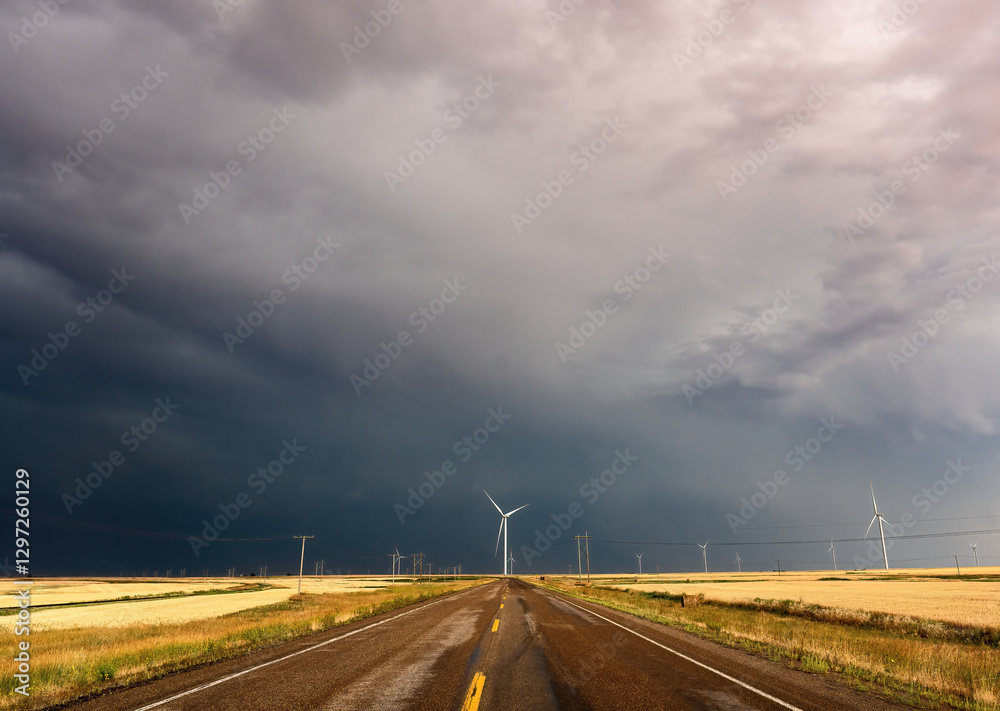 Dark clouds gathering over wind turbines and country road
