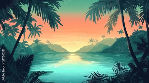 Tropical landscape portrays a calm ocean and palm trees at sunset time