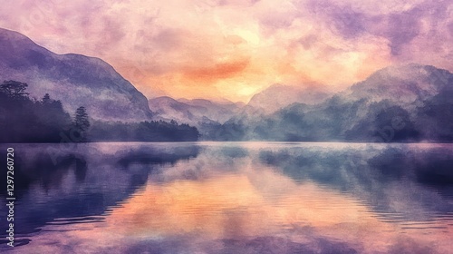 Landscape painting showing mountains with a lake and beautiful sky