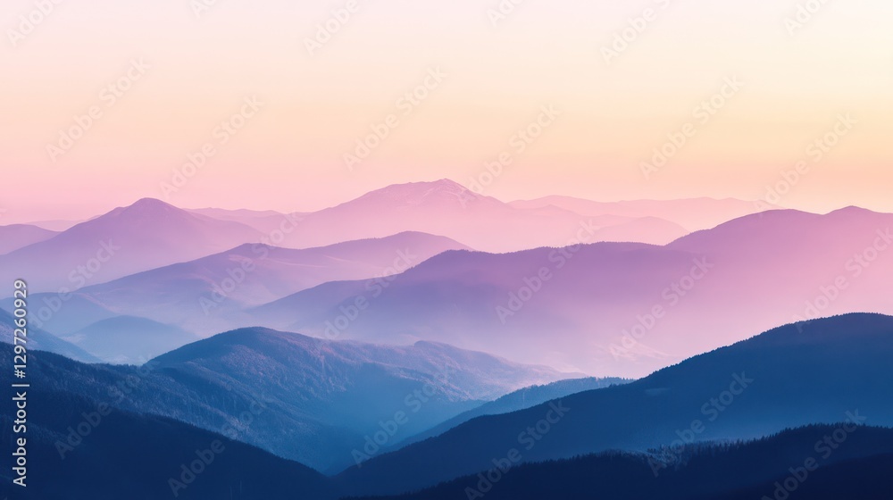 Purple Mountains Surrounded By Haze Under Pink And Yellow Sky Purple Mountains Surrounded By Haze Under Pink And Yellow Sky