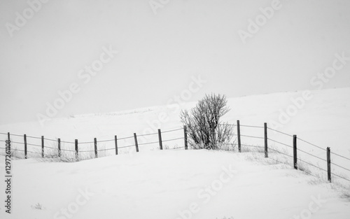 Wire fence running through snowy landscape in winter