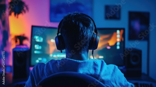 Gamer playing online video game at home using computer and headphones. Professional gamer playing online video game on computer in neon light room, back view.