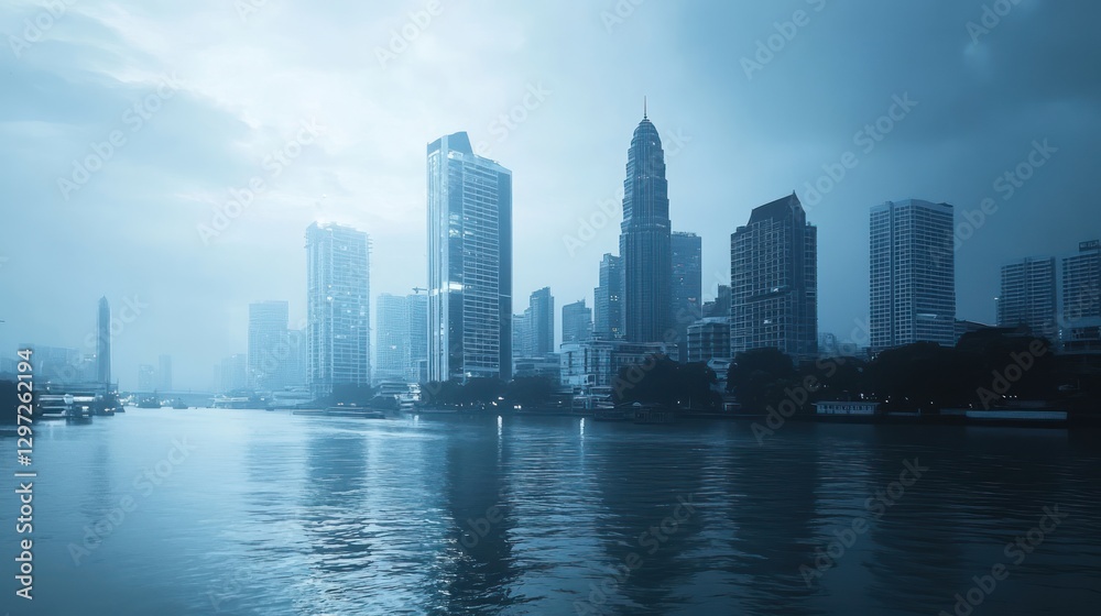 City skyline reflected in river at dawn City skyline reflected in river at dawn