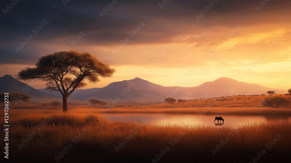 Fototapeta premium Einzelner Baum steht ruhig am Ufer eines offenen Gewässers bei Sonnenuntergang