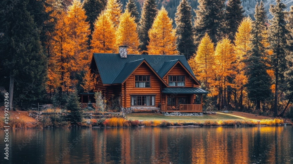 Fototapeta premium Tranquil Lake House Surrounded by Golden Autumn Trees and Reflections