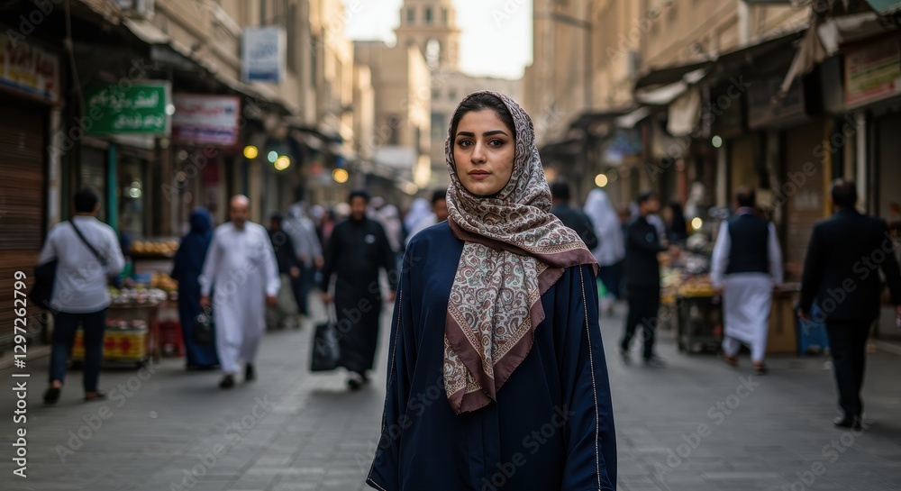 A Woman in Traditional Attire Stands in a Bustling Middle Eastern Market A Woman in Traditional Attire Stands in a Bustling Middle Eastern Market