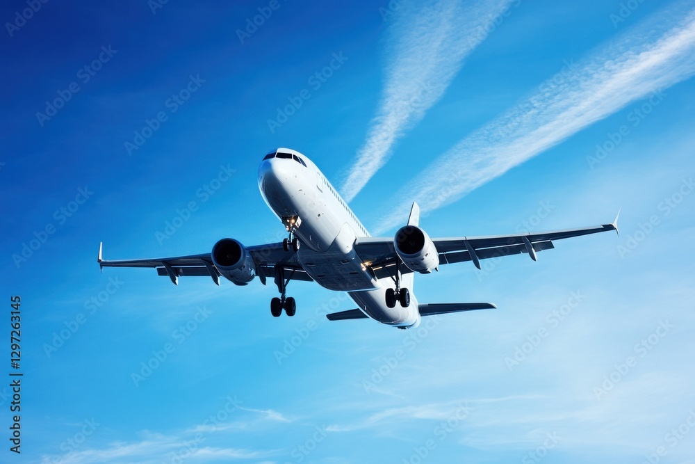 Obraz premium Airplane Flying Through Clear Blue Sky with Contrails and Bright Sunlight Above Cityscape