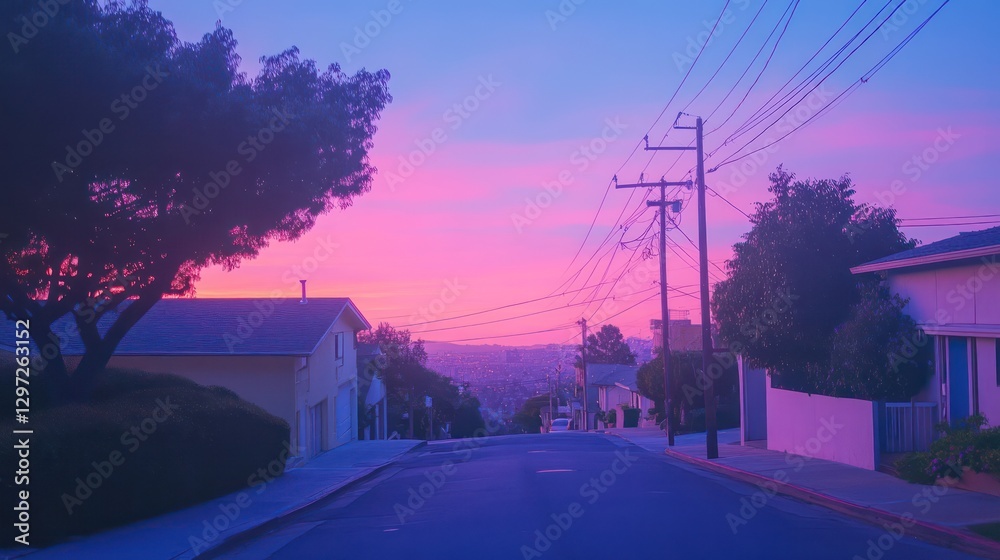Fototapeta premium The sky above this neighborhood displays colorful lighting conditions