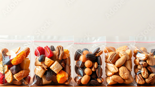 Assorted dried fruits and nuts in resealable plastic bags photo