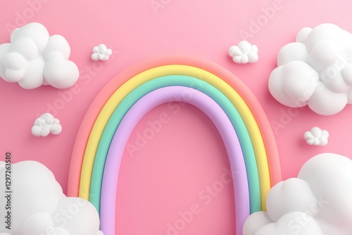 Colorful Rainbow Arching Through Cute Cloudy Sky on Soft Pink Background with Playful Elements