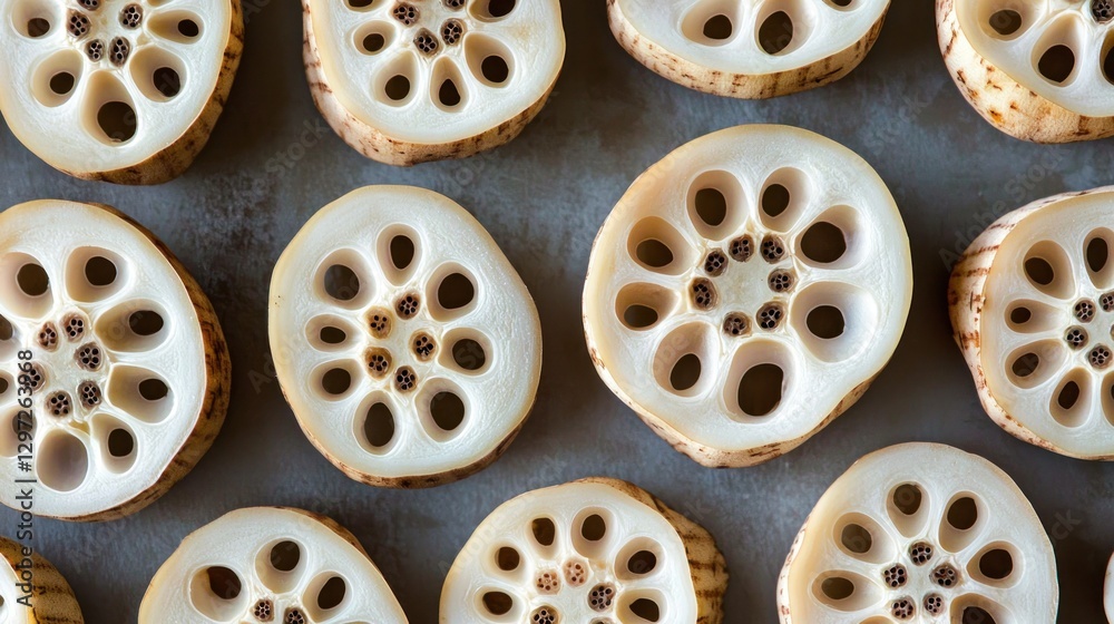 Fototapeta premium Sliced lotus root arranged in a pattern.