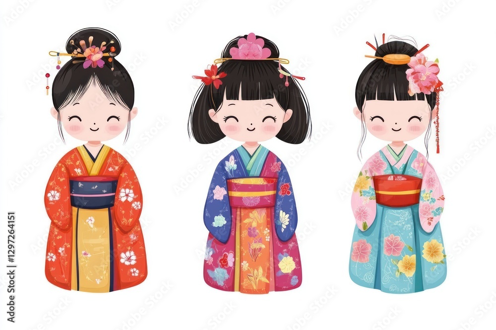 Colorful Japanese Kimonos on Cute Cartoon Characters in Traditional Attire for Cultural Themes Colorful Japanese Kimonos on Cute Cartoon Characters in Traditional Attire for Cultural Themes