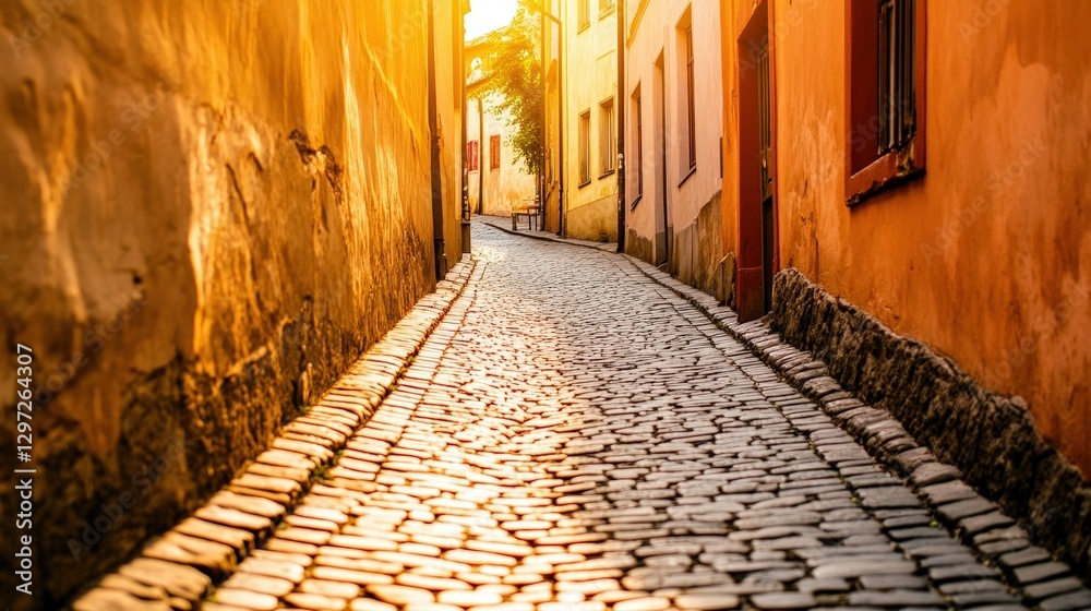 Naklejka premium Tranquil Cobblestone Alleyway in Historic European Town at Sunrise