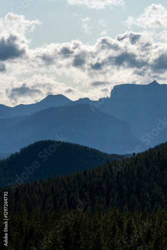 Majestic mountain peaks loom over evergreen forest under cloudy sky
