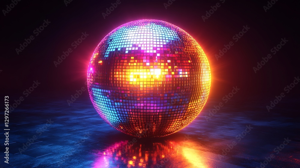 Fototapeta premium Colorful neon disco ball reflecting bright lights high resolution hd photo