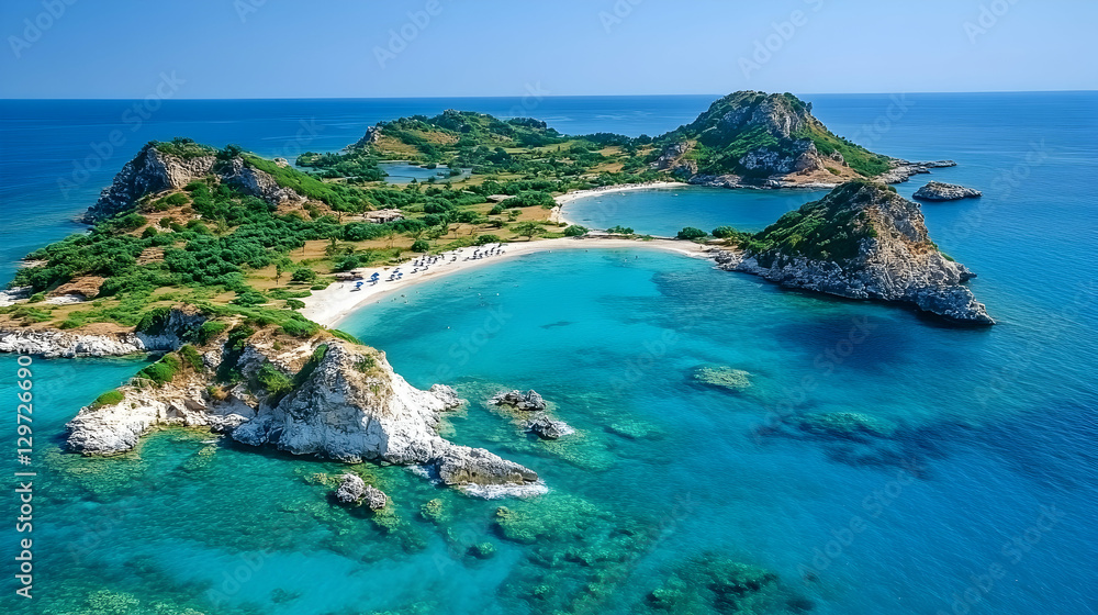 Fototapeta premium Aerial view of idyllic Greek island beach