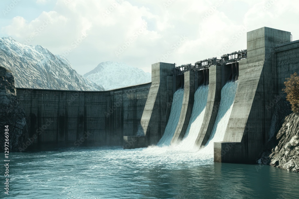 Majestic Concrete Dam Surrounded by Mountains with Flowing Water from Hydro Power Generation Majestic Concrete Dam Surrounded by Mountains with Flowing Water from Hydro Power Generation