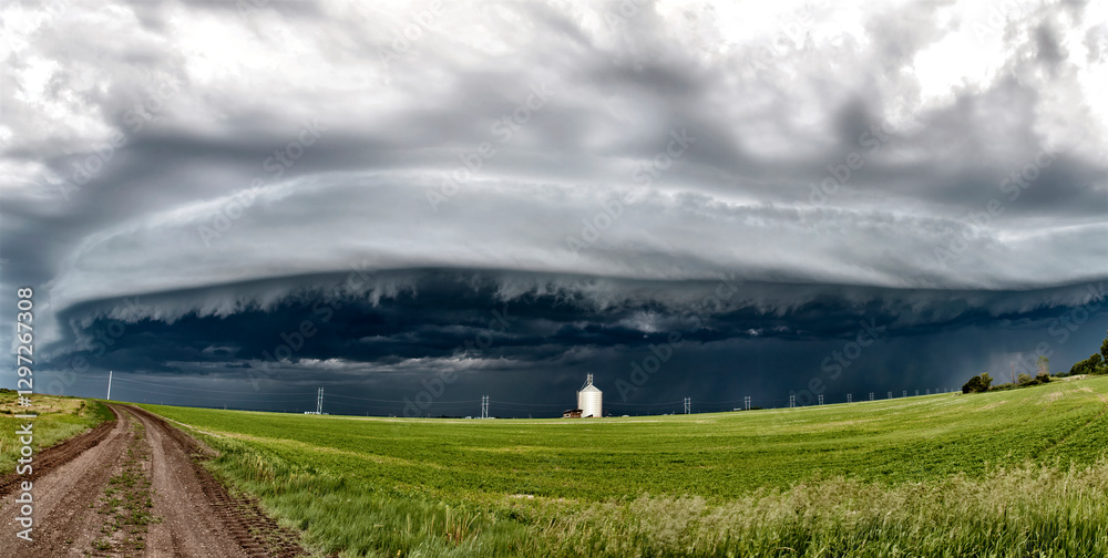 Shelf cloud approaching farm in open field