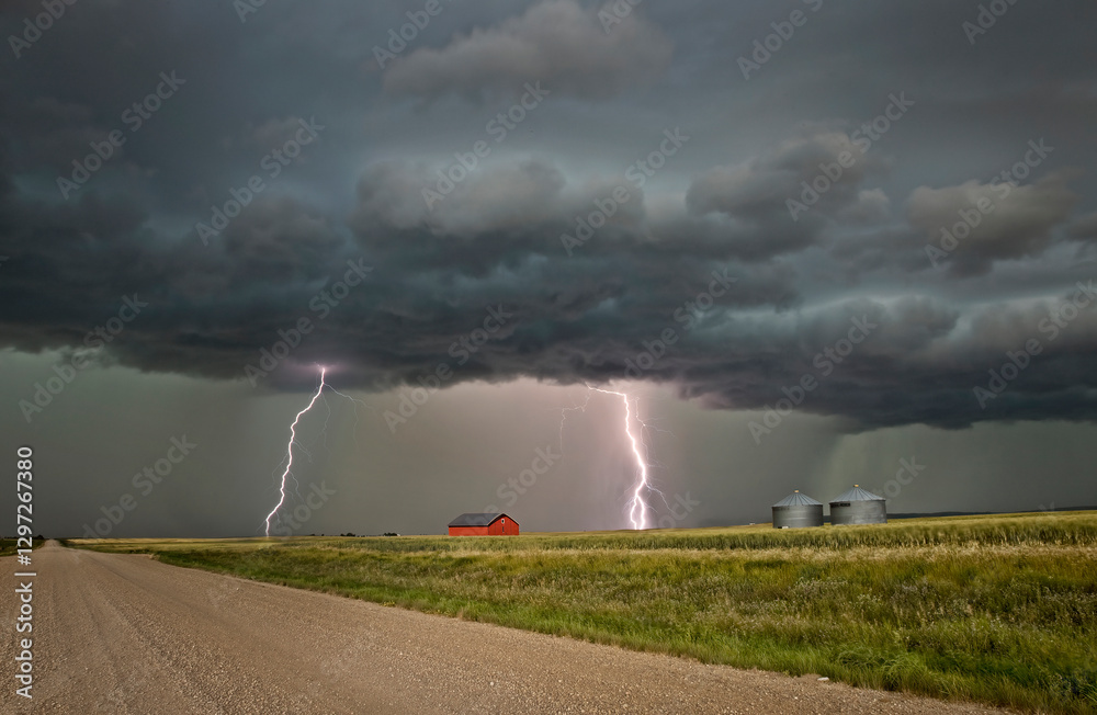 Lightning strikes illuminate a rural landscape during a dramatic storm